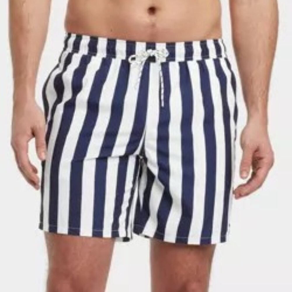 Goodfellow & Co Men’s Swim Trunks 7" Navy and White Stripes XL NEW WITH TAGS